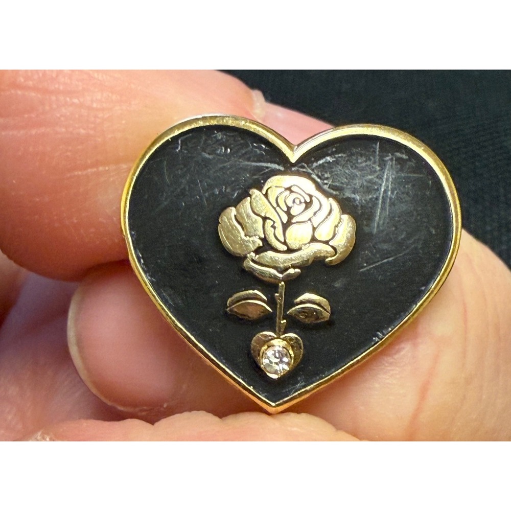 Penny Carr Heart Rose Pin Black Gold Tone Enamel Rhinestone Commemorative